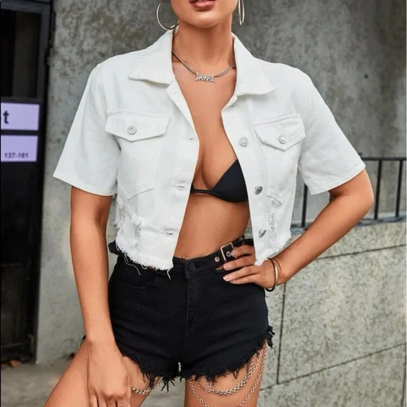 Boho Blue Medium Wash Distressed Ripped Denim Jeans Jacket Shacket - Picture 10 of 14